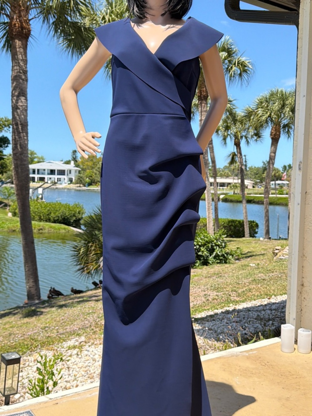 Chiara Boni La Petite Robe 
Cocoon Collar Trumpet Gown, Blue Notte Sz 8 (44)